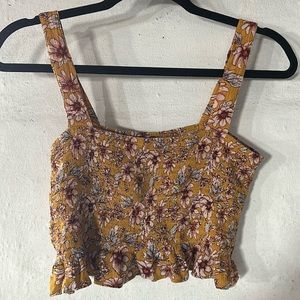 AMERICAN EAGLE Mustard Golden Pink Floral Smocked Wide Strap Crop Top Tank